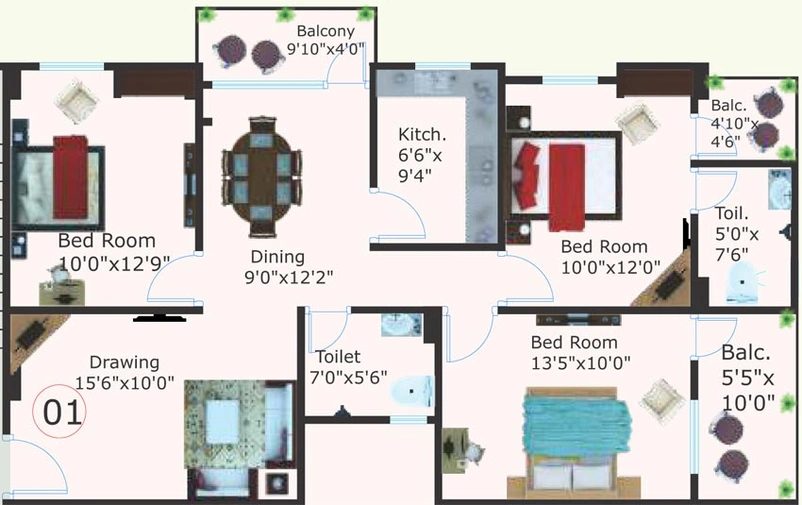 3 BHK Floor Plan